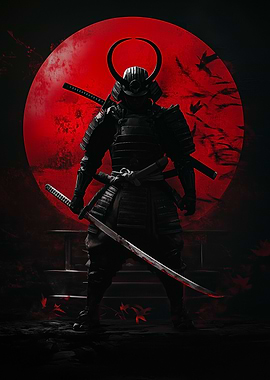 Samurai Warrior Under a Red Moon