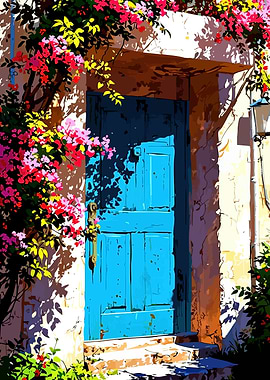 Vibrant Blue Door with Blooming Flowers