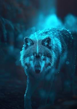 Glowing Wolf in Dark Forest