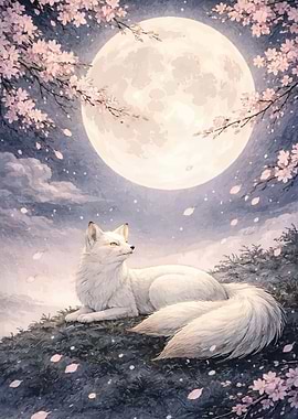 White Fox Under Cherry Blossoms and Moon