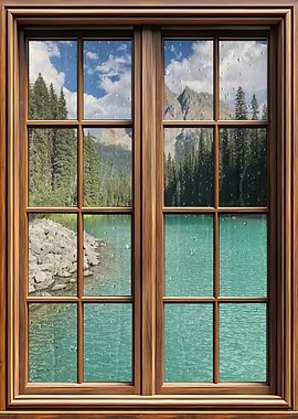 Window view of a mountain lake