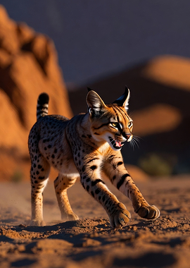 Serval Cat Running in Desert