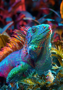 Vibrant Iguana in Lush Foliage