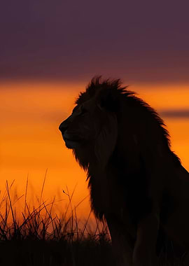 Lion silhouetted against sunset