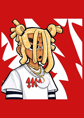 Cartoon character with blonde dreadlocks and tattoos