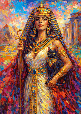 Cleopatra with Black Cat and Ankh