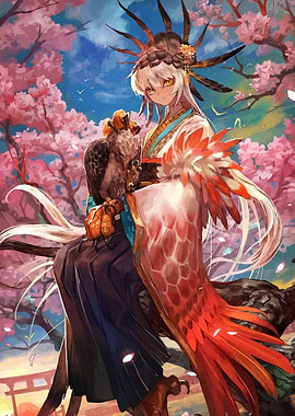 Anime character with falcon and cherry blossoms
