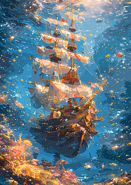 Underwater Pirate Ship with Coral Reef
