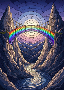Rainbow bridge over a river in mountains