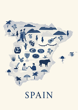 Map of Spain with cultural icons