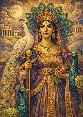 Goddess Hera with Peacocks and Pomegranate