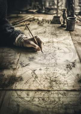 Person drawing on an old map