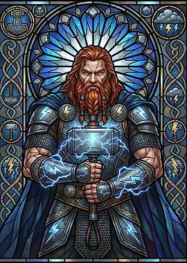Thor with Mjolnir in Stained Glass Style