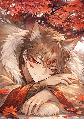 Anime character sleeping in autumn