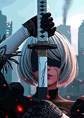 2B Holding Sword in Cityscape