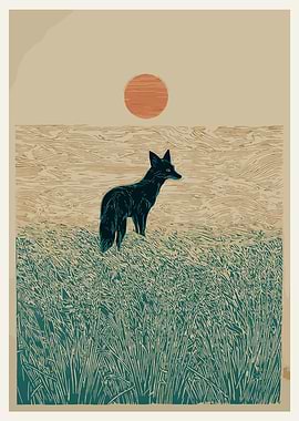 Fox in a Field at Sunset