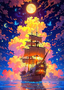 Fantasy Pirate Ship Under a Celestial Sky
