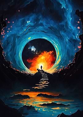 Figure Ascending Stairs to Cosmic Portal