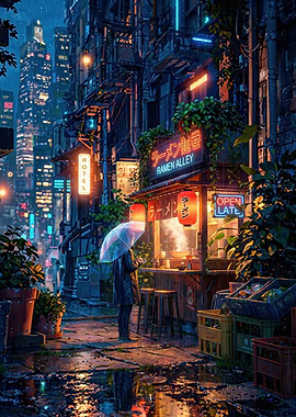 Rainy Cyberpunk Ramen Alley