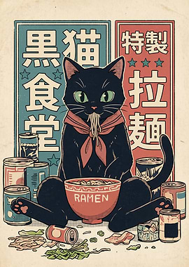 Black Cat Eating Ramen