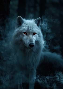 White Wolf with Red Eyes in Smoke