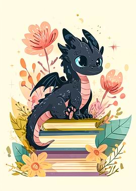 Cute Dragon Sitting on Books