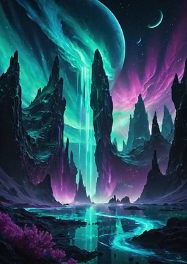 Auroral Cascade Over Alien Peaks — Neon Cosmic Landscape