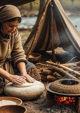Woman making dough at campsite