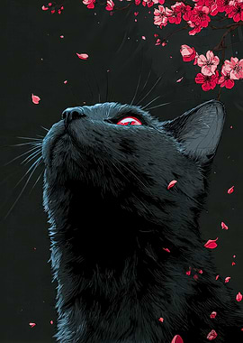 Black Cat with Red Eyes and Cherry Blossoms