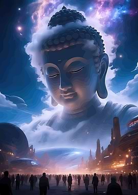 Giant Buddha Over Futuristic City