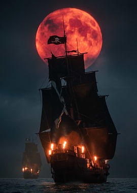 Pirate Ships Under a Blood Moon
