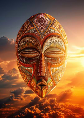African Mask in Sunset Sky
