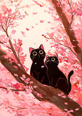 Two black cats in cherry blossoms