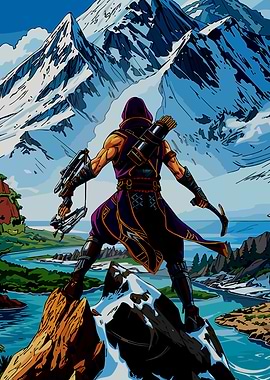 Archer overlooking a mountain landscape