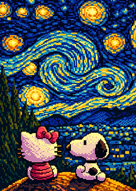 Hello Kitty and Snoopy Starry Night