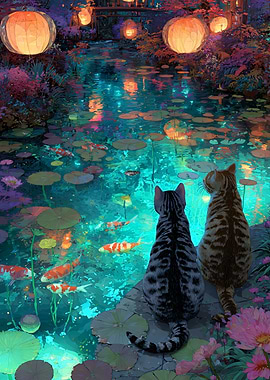 Cats watching Koi pond at night Japan Lentern