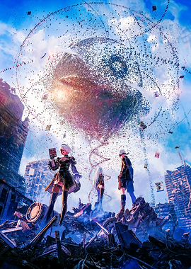 Nier: Automata Characters in Ruined Cityscape