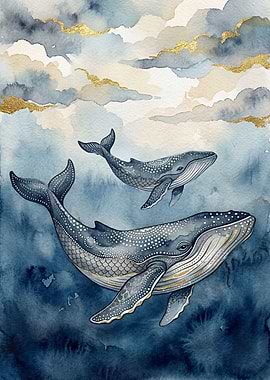Whales swimming in cloudy sky