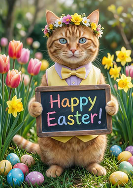 Easter Cat with Flowers and Eggs