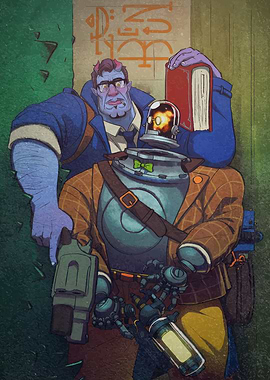 Blue Demon Man and Robot Companion