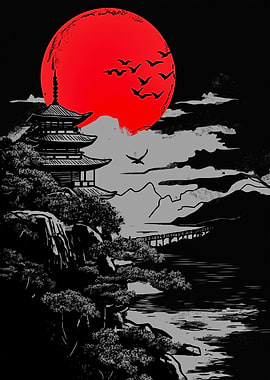 Japanese Pagoda Under a Red Sun