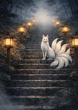 White Kitsune on Stone Stairs
