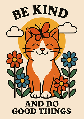 Be Kind And Do Good Things Poster, Cute Cat Floral Art, Whimsical Positive Wall Print