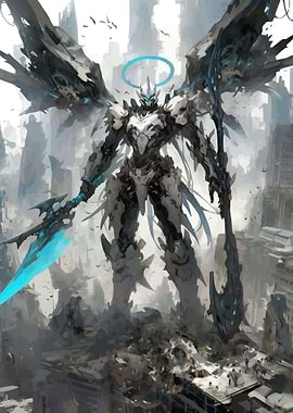 Mecha Angel Warrior in Ruined City