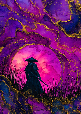 Samurai Silhouette Purple Gold Ink