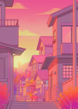 Anime Street Scene at Sunset