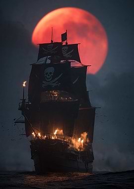 Pirate Ship Under a Blood Moon