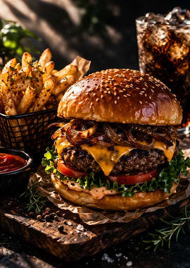 Gourmet Burger with Fries and Soda