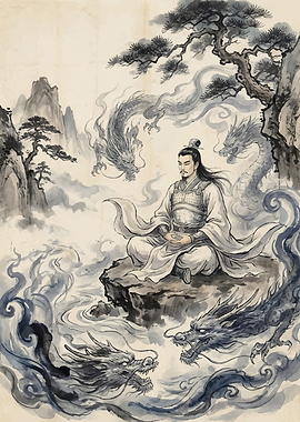 Man Meditating with Dragons
