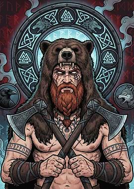 Viking Warrior with Bear Headdress and Axes